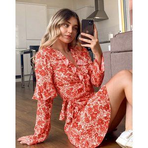 Topshop Floral Ruffle Long Sleeve Wrap Mini Dress